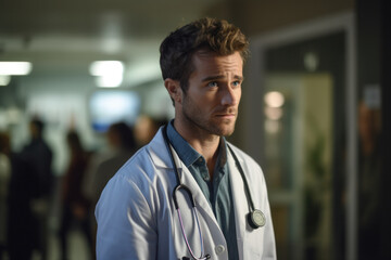 Fototapeta premium Male Doctor in Hospital, Stethoscope, Medical Uniform, Health Care. Generative AI