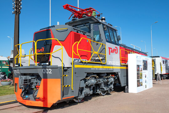 SAINT PETERSBURG, RUSSIA - AUGUST 27, 2023: New Russian shunting electric locomotive EMKA2 on the railway transport forum "PRO//Dvizhenie.Expo"