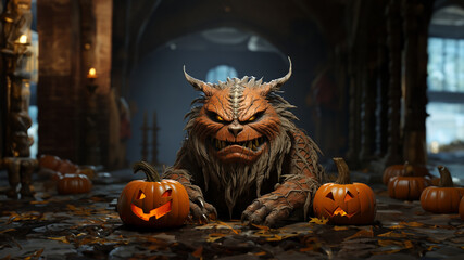 Monster mit Hörner und Kürbissen zu Halloween mit gruseligen Hintergrund cartoon im Querformat für Banner, ai generativ