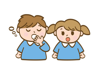 眠くてあくびをする男の子とそれを見て驚く女の子_保育園児の兄妹