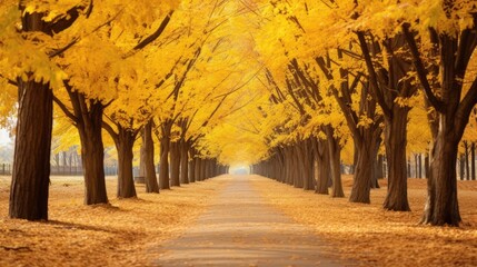 Path in autumn tree alley with maple leaves, AI generated Image