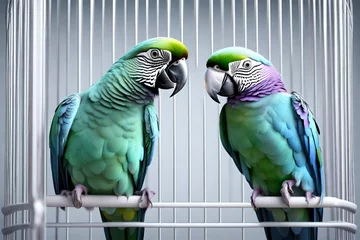 Fototapeten Two parrots in a cage. Male and female in romance. Green and lilac birds on a white background. Wavy parrot isolated on white. Favorite pet for children © MUmar