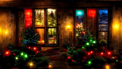 environment night time photo of bright multicolored LED christmas light displays and decorations on a beautiful rustic farm house house has wood trim accents and large multi pane wood framed windows 