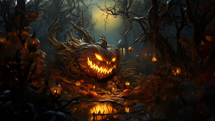 Lachender Kürbis Gesicht mit Zähnen zu Halloween mit gruseligen Hintergrund cartoon im Querformat für Banner, ai generativ
