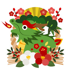 2024年、辰年、和風、イラスト、アイコン、正月、イラスト、年賀状、かわいい、しめ飾り、しめ縄、緑