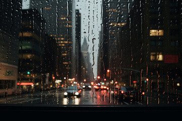 Big city view from car window during rain. Car glass covered with rain drops. Bokeh view of car...