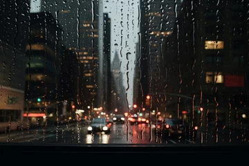 Tuinposter New York taxi Big city view from car window during rain. Car glass covered with rain drops. Bokeh view of car light and huge skyscrapers through car window. Generative AI