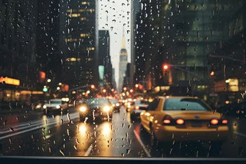 Foto auf Acrylglas New York TAXI Big city view from car window during rain. Car glass covered with rain drops. Bokeh view of car light and huge skyscrapers through car window. Generative AI