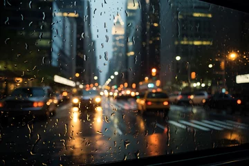 Photo sur Aluminium TAXI de new york Big city view from car window during rain. Car glass covered with rain drops. Bokeh view of car light and huge skyscrapers through car window. Generative AI