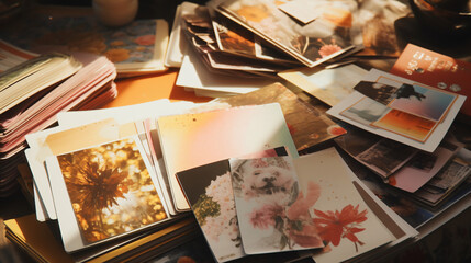 雑然と机の上に敷き詰められた風景やお花のレトロな写真 - obrazy, fototapety, plakaty