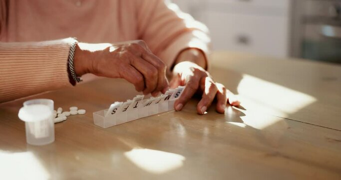 Hands, pill box and medicine for daily health, person with prescription pharmaceutical and supplements for wellness. Dose, treatment and vitamins for healthcare, closeup and pharmacy with patient