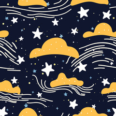 Naklejka premium Cute Starry Night Seamless Pattern in Doodle Scribble Style