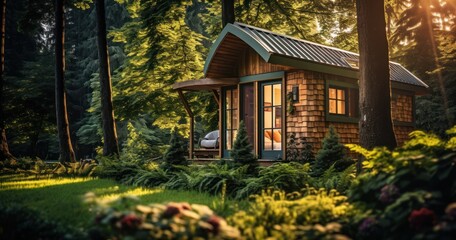 Compact and efficiently designed tiny house nestled among nature