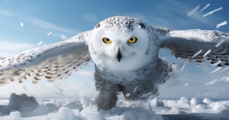 Majestic snowy owl mid-flight, with its piercing eyes locked onto its prey below