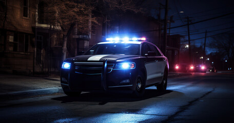 Police car, lights flashing, patrolling the streets ensuring safety during the quiet hours of the night