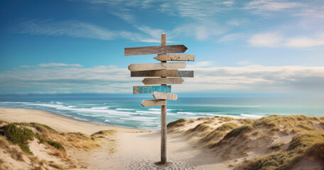 Weathered text on the wooden signpost pointing towards different beach destinations