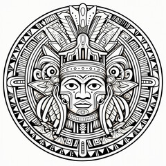 Naklejka na ściany i meble Aztec civilization, person in an Aztec calendar, Mexican mandala, coloring picture, black and white image
