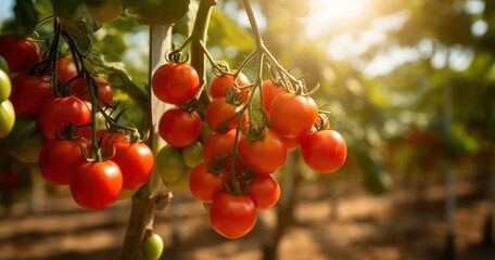 Sunlit tomato plantation where ripe, red tomatoes hang heavily from their vines, ready for harvest - obrazy, fototapety, plakaty