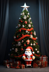 Figurine of  Santa Standing on Decorated Christmas Tree. generative ai