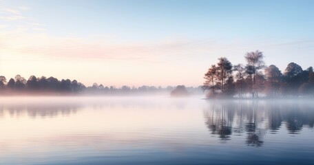 Fototapeta premium Tranquil lakeside at dawn, with mist rising and the world reflected in still waters