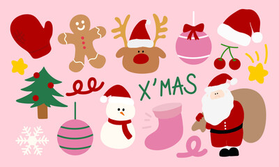 Hand drawn Santa Claus, Christmas tree, light, reindeer, sock, gingerbread man, snowflake, candy cane, glove for Christmas and New Year decoration, cartoon, festive winter icon, campaign logo, toy