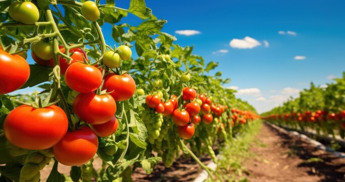 Rows of tomato plants in full bloom under the midday sun, showcasing the abundance of the season