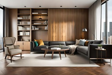 Fototapeta na wymiar Leather sofa with cushions standing on living room with stylish interior design and collections books on bookshelves in library. Work cabinet in modern apartment. Modern living room