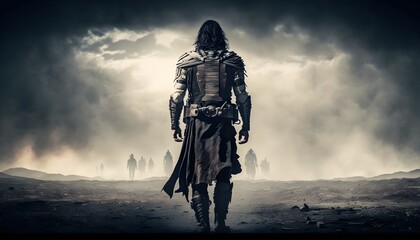 man with shoulder length dark hair wearing medieval armor standing off center with back to the camera apocalyptic surroundings zombie apocalypse cinematic realistic dynamic pose full body distant  - obrazy, fototapety, plakaty