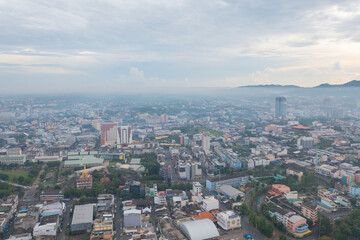 Aerial view of residential neighborhood roofs. Urban housing development from above. Top view. Real estate in Phuket, southern province city, Thailand. Property real estate.