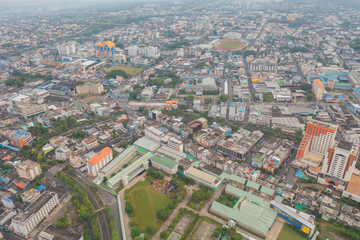 Aerial view of residential neighborhood roofs. Urban housing development from above. Top view. Real estate in Phuket, southern province city, Thailand. Property real estate.