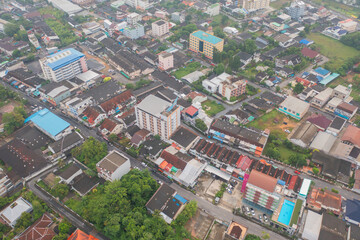Aerial view of residential neighborhood roofs. Urban housing development from above. Top view. Real estate in Phuket, southern province city, Thailand. Property real estate.
