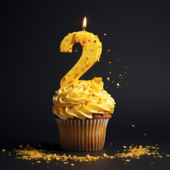 Birthday Cupcake With Number two, Candle  cupcake with a candle in the shape of the number 2
