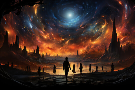 AI Generate A cosmic dance of swirling figures and trails of  Background 