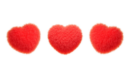 Red fluffy volumetric fur 3D heart isolated on white. 3d icon, symbol of love for valentine's day