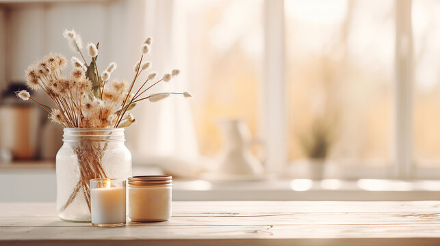 Flowers in vase and buring candles at home, cosy winter interior home decor, calm and relax living mockup arrangement, Generative ai