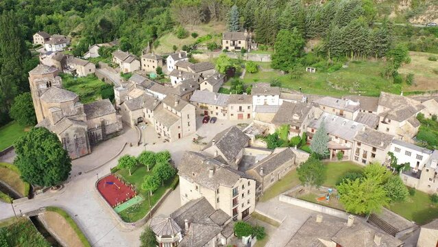 Aerial view of landscape of spanish village of Santa Cruz de la Seros on sunny day. Spain. High quality 4k footage
