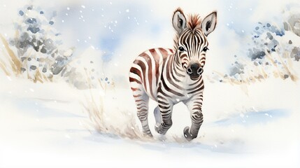  a painting of a zebra running through the snow in a field.  generative ai