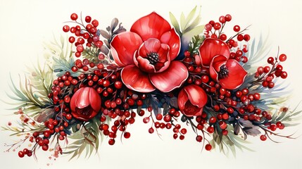  a painting of red flowers and berries on a white background.  generative ai