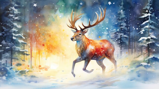  a painting of a deer running through a snowy forest with trees.  generative ai