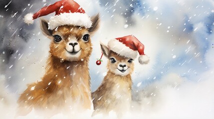  a painting of two llamas wearing santa hats in the snow.  generative ai