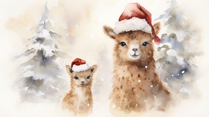  a painting of two llamas wearing a santa hat.  generative ai