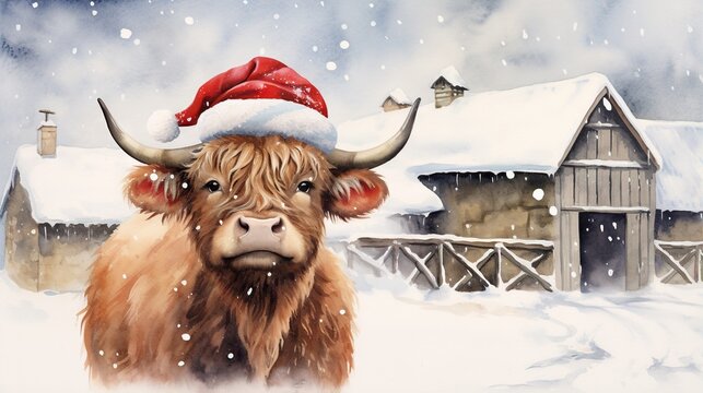  a painting of a bull wearing a santa hat in the snow.  generative ai