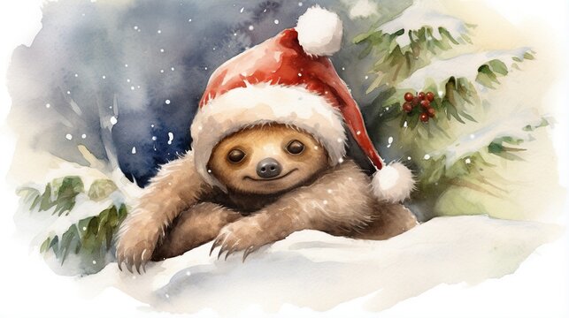  a watercolor painting of a sloth wearing a santa hat.  generative ai