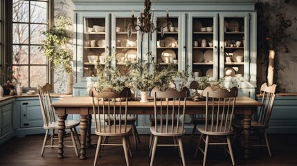 Fototapeta na wymiar Vintage-Inspired Dining Room with Farmhouse Table, Mismatched Chairs, and Chandelier