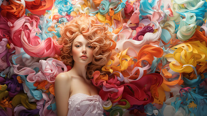 Hübsche Frau mit bunt gefärbten fliegenden Haar mit Visagistik Make up im futuristischen Stil als Poster Nahaufnahme Querformat, ai generativ - obrazy, fototapety, plakaty