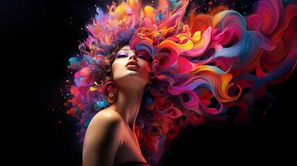 Hübsche Frau mit bunt gefärbten fliegenden Haar mit Visagistik Make up im futuristischen Stil als Poster Nahaufnahme Querformat, ai generativ - obrazy, fototapety, plakaty