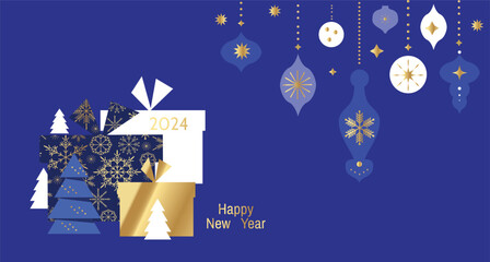 Merry Christmas and Happy New Year 2024  holiday template design banner, poster, card, cover in geometric minimalist style. Gifts, Santa, ball toy, christmas tree, snowflake   Modern Xmas flat cartoon