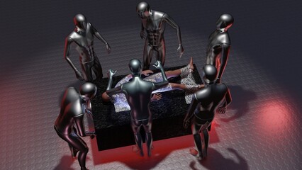 Human abductee surrounded by extraterrestrials. Aliens performing experiments on man. Aliens surrounding person on examination table. Being examined, surrounded by aliens. 3d render illustration.