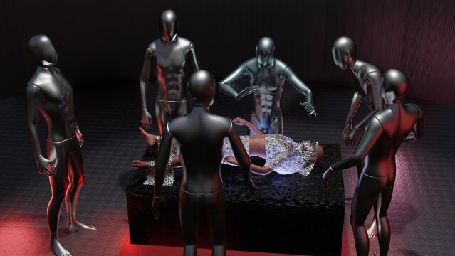 Human abductee surrounded by extraterrestrials. Aliens performing experiments on man. Aliens surrounding person on examination table. Being examined, surrounded by aliens. 3d render illustration.