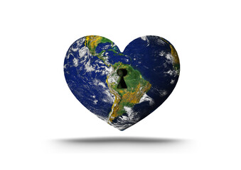 Digital png illustration of heart with world map and key hole on transparent background